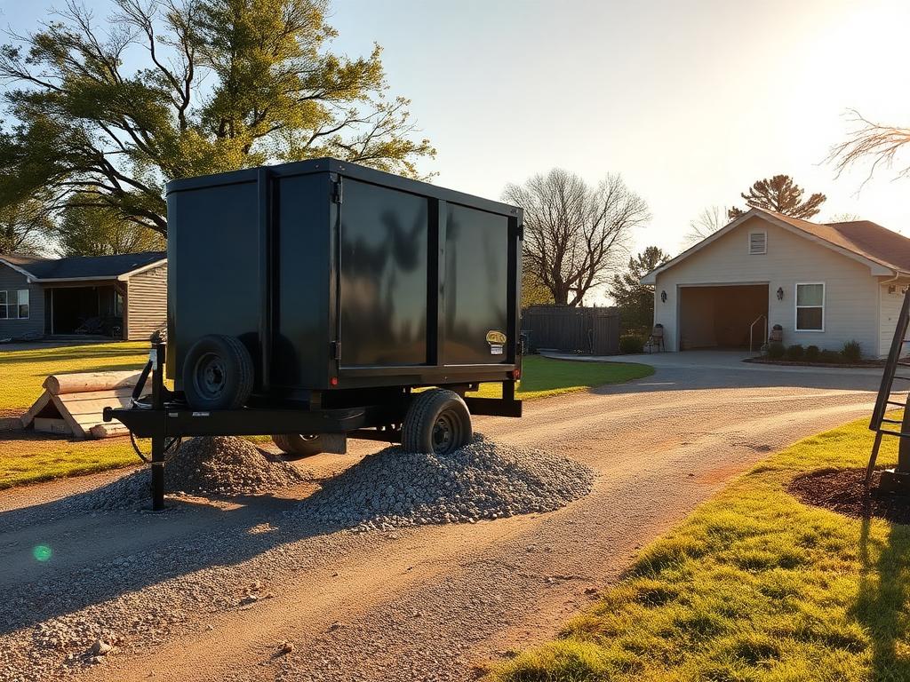 Dump trailer unloading crushed limestone on a residential driveway in Kaufman County
